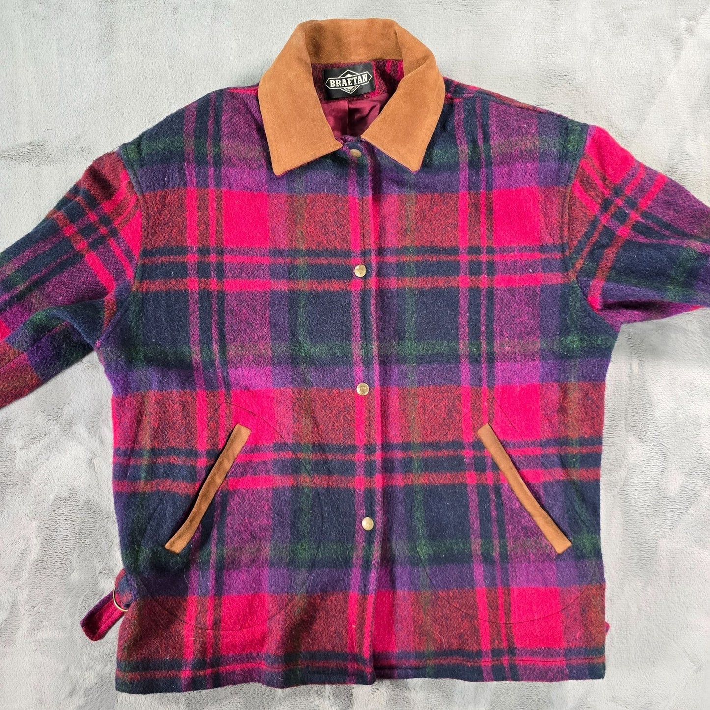 Vintage 1990s Braetan Made in USA Plaid Wool Blend Snap Button Jacket (M)