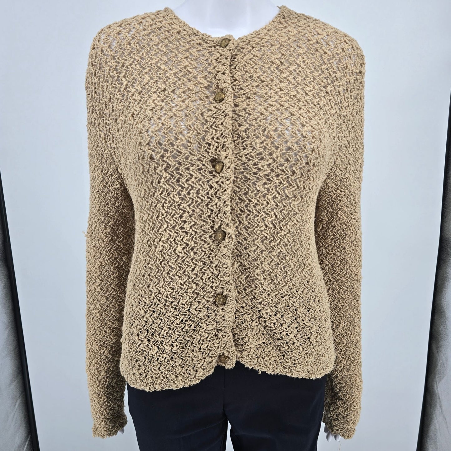 Vintage 1960s Majestic Women's Boho Open Knit Button-Front Cardigan Sweater (M)