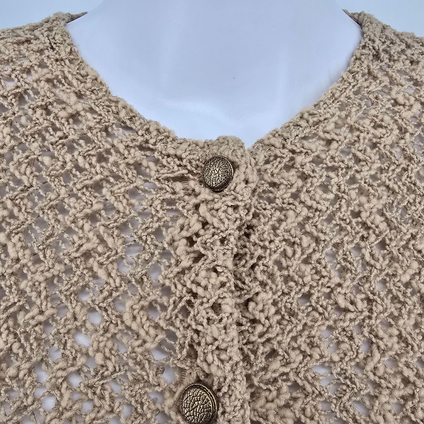 Vintage 1960s Majestic Women's Boho Open Knit Button-Front Cardigan Sweater (M)