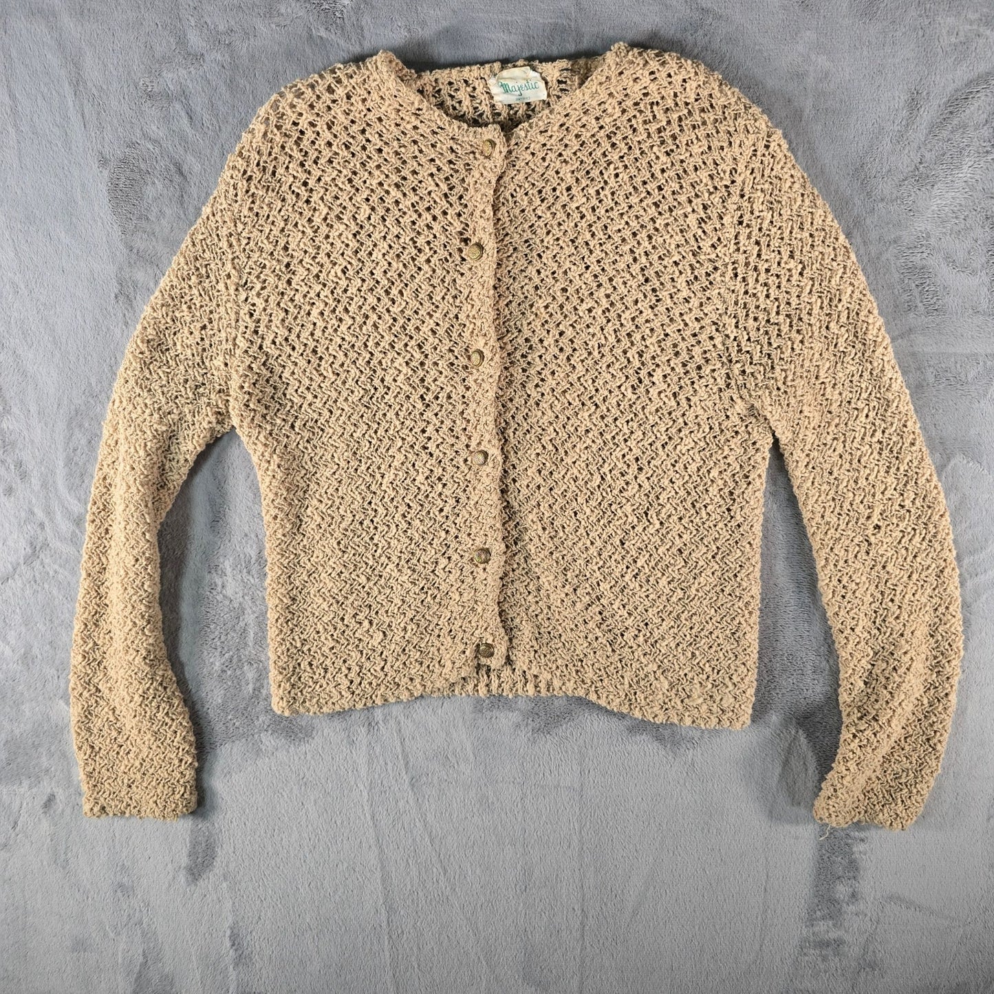 Vintage 1960s Majestic Women's Boho Open Knit Button-Front Cardigan Sweater (M)
