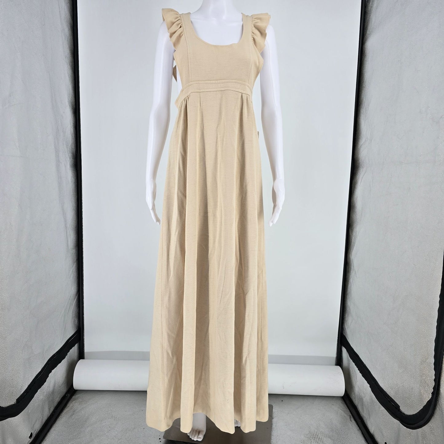 Vintage 1970s 100% Orlon Beige Ruffle Strap Empire Waist Knit Maxi Dress (M)