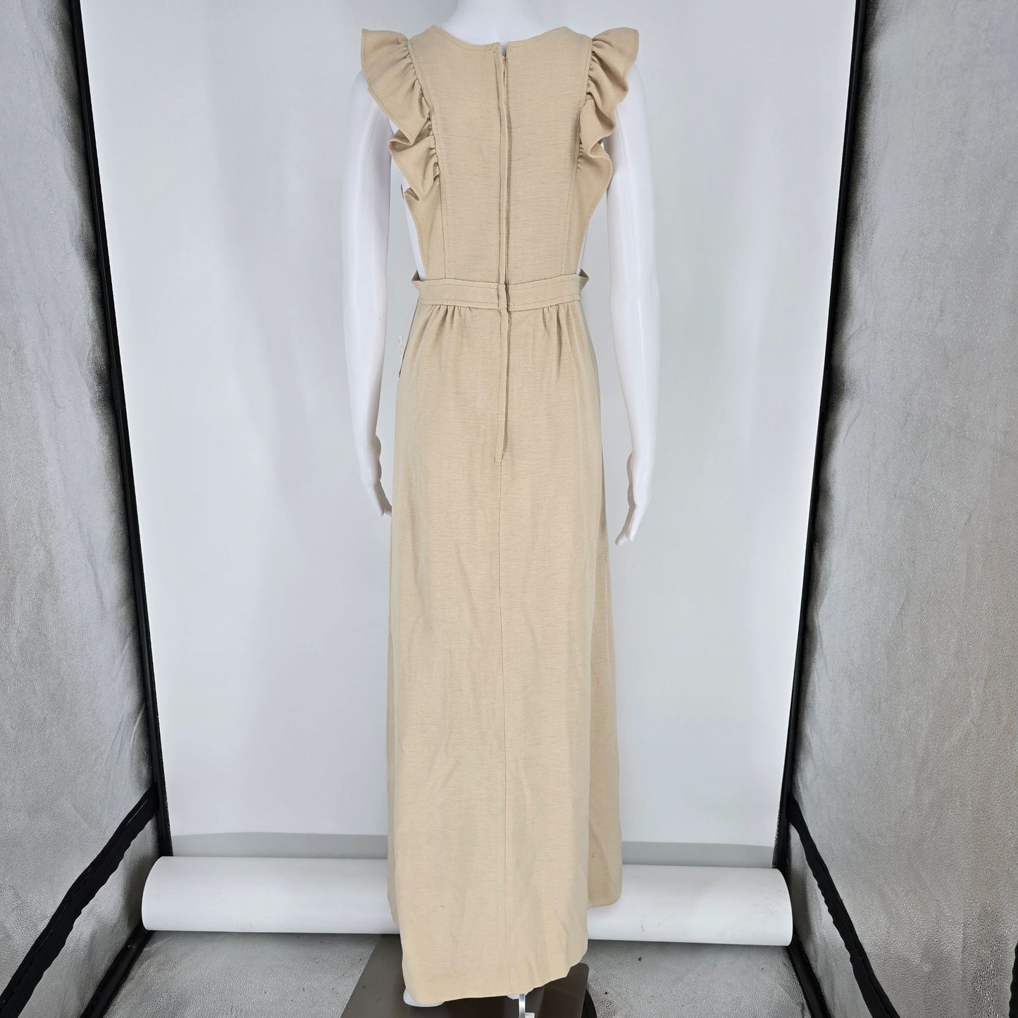 Vintage 1970s 100% Orlon Beige Ruffle Strap Empire Waist Knit Maxi Dress (M)