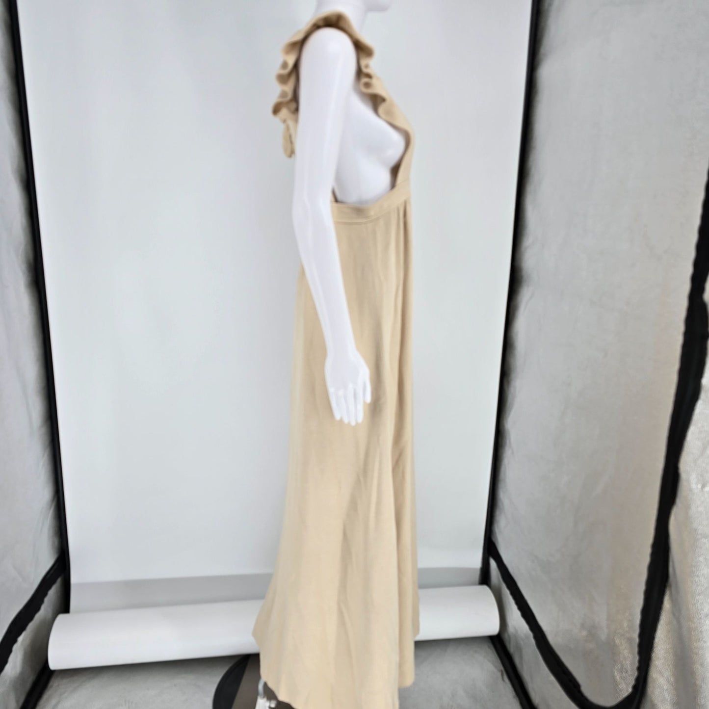 Vintage 1970s 100% Orlon Beige Ruffle Strap Empire Waist Knit Maxi Dress (M)