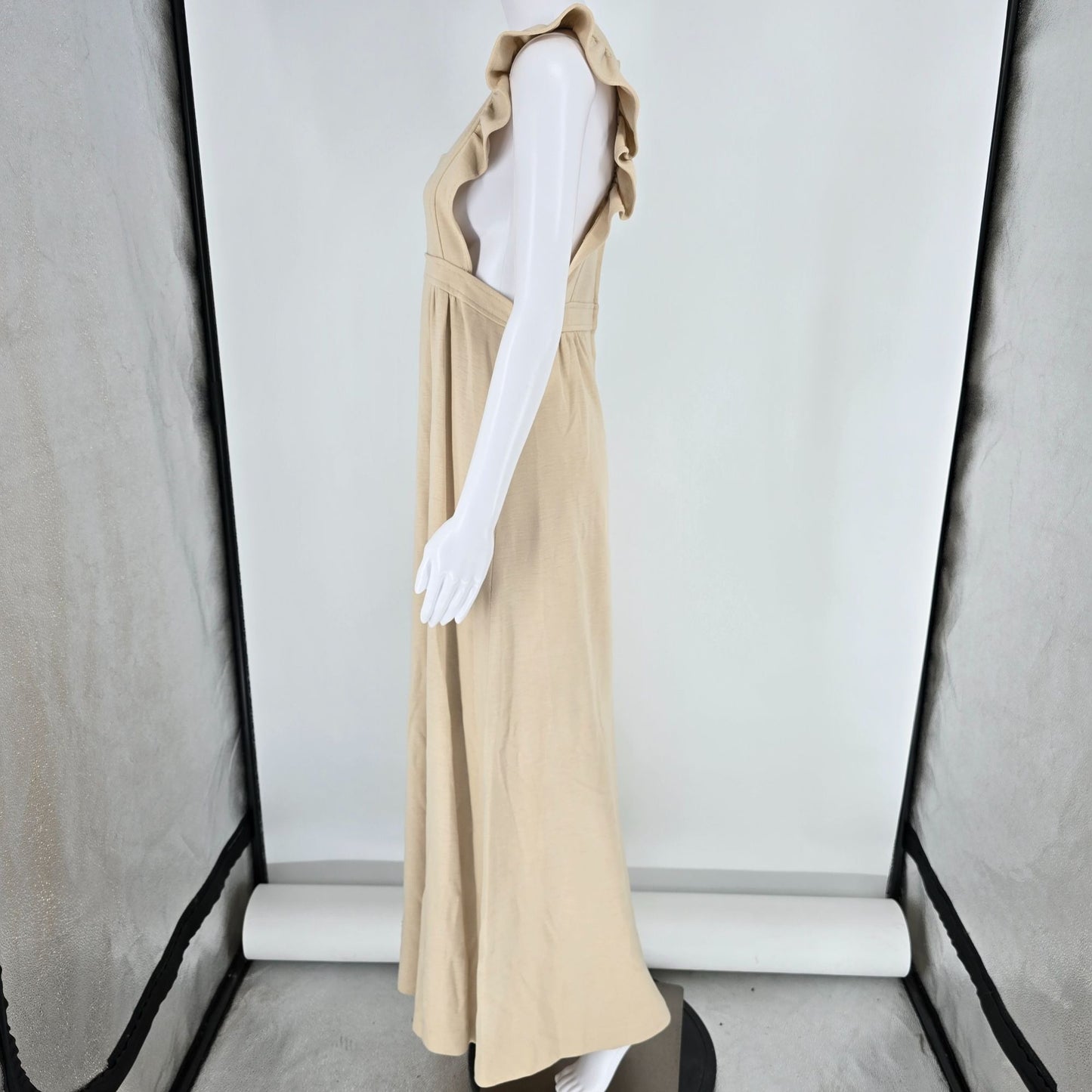 Vintage 1970s 100% Orlon Beige Ruffle Strap Empire Waist Knit Maxi Dress (M)