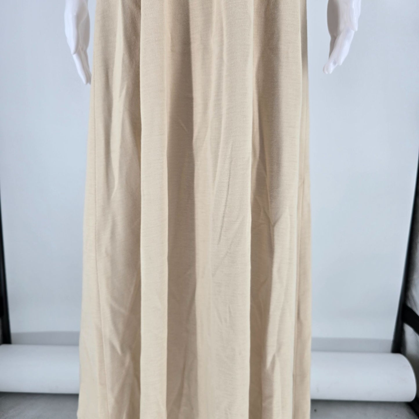 Vintage 1970s 100% Orlon Beige Ruffle Strap Empire Waist Knit Maxi Dress (M)
