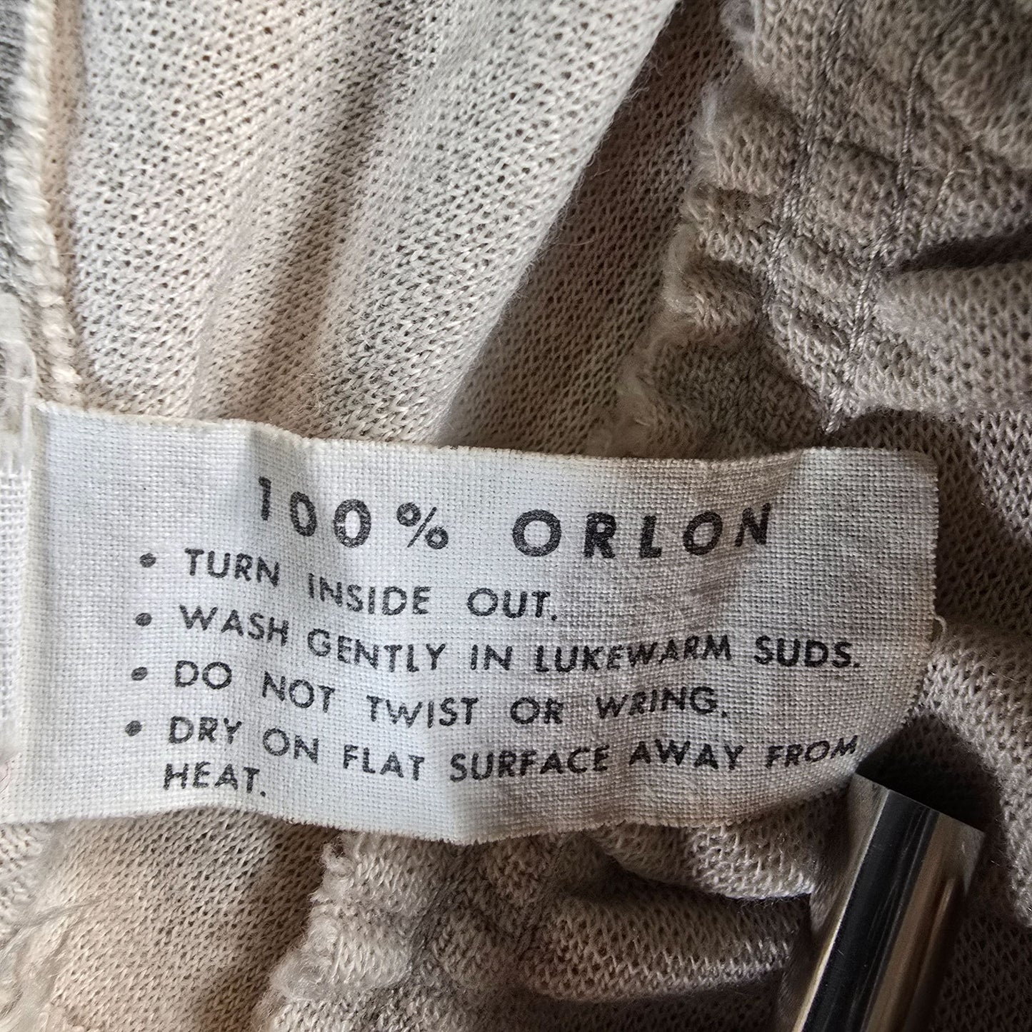 Vintage 1970s 100% Orlon Beige Ruffle Strap Empire Waist Knit Maxi Dress (M)