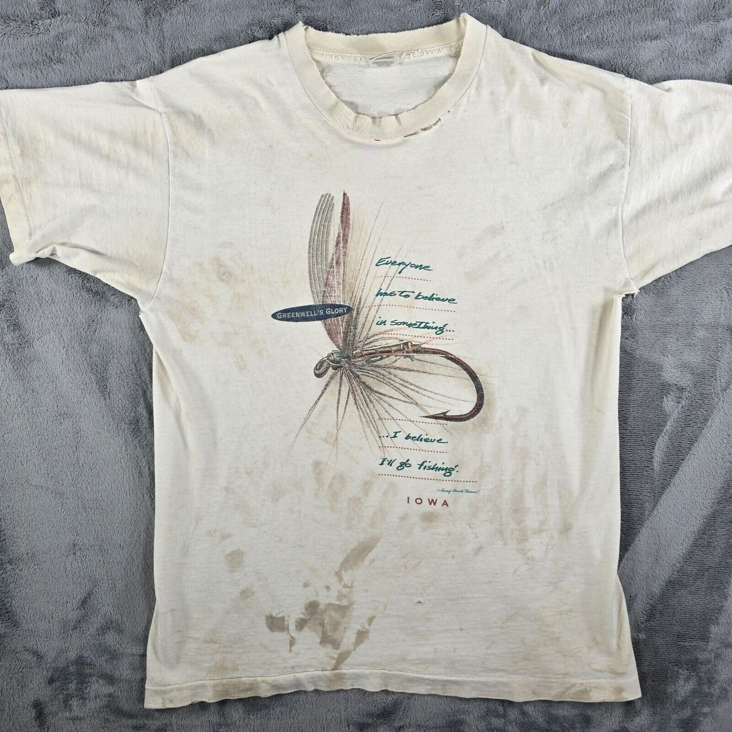 Vintage Thrashed Henry David Thoreau Greenwell's Glory Iowa Fishing T-Shirt M/L