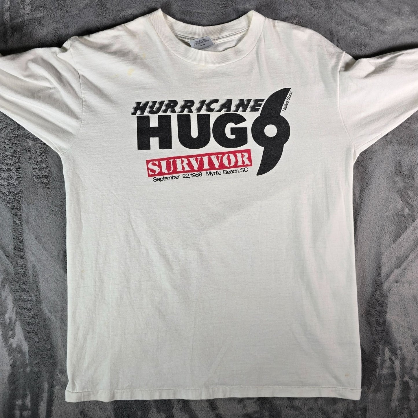 Vintage 1989 Hurricane Hugo Survivor Myrtle Beach Long Sleeve T-Shirt (L/XL)
