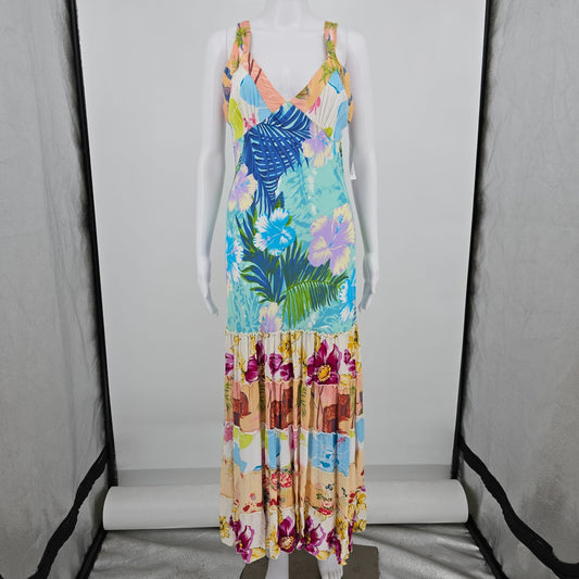Vintage 1990s Globe Trotter Bali Patchwork Rayon Tropical Maxi Sundress (M)