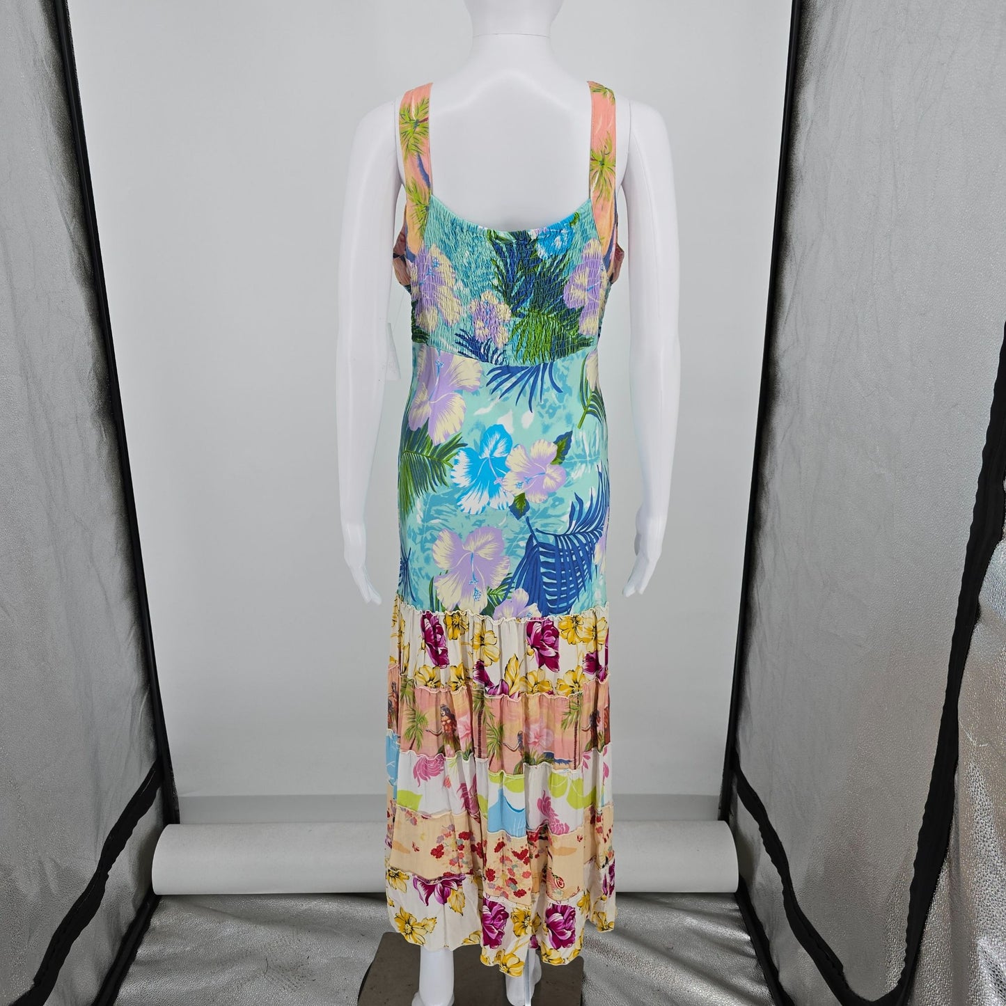 Vintage 1990s Globe Trotter Bali Patchwork Rayon Tropical Maxi Sundress (M)