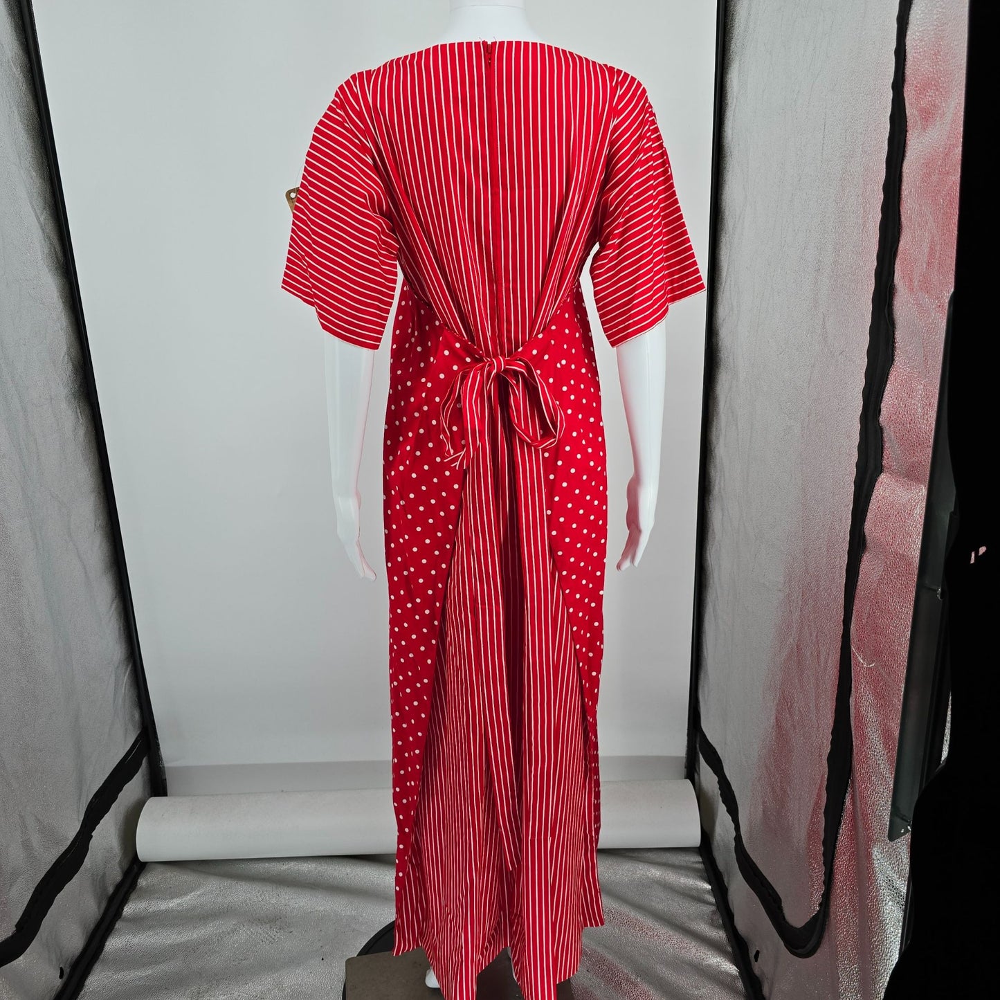 Vintage 1970s Frankie Welch "The Frankie" Red Polka Dot/Candy Stripe Dress (L)