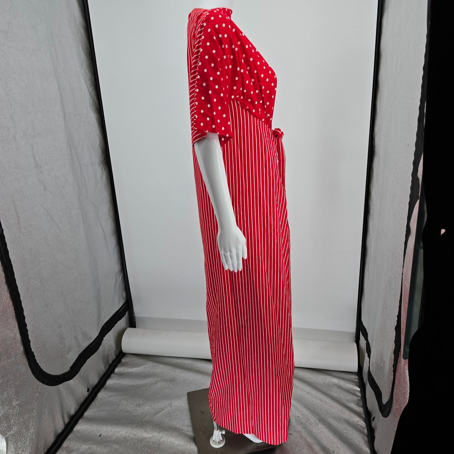 Vintage 1970s Frankie Welch "The Frankie" Red Polka Dot/Candy Stripe Dress (L)