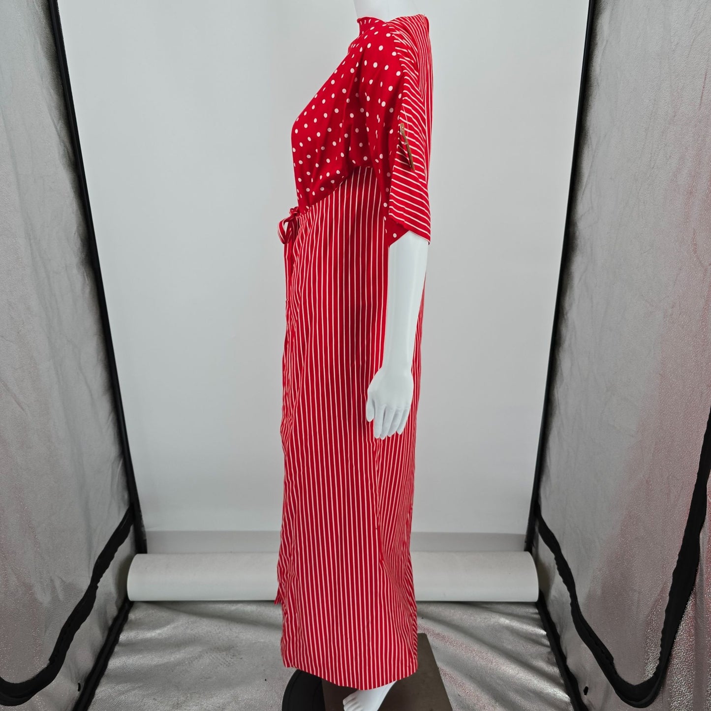 Vintage 1970s Frankie Welch "The Frankie" Red Polka Dot/Candy Stripe Dress (L)