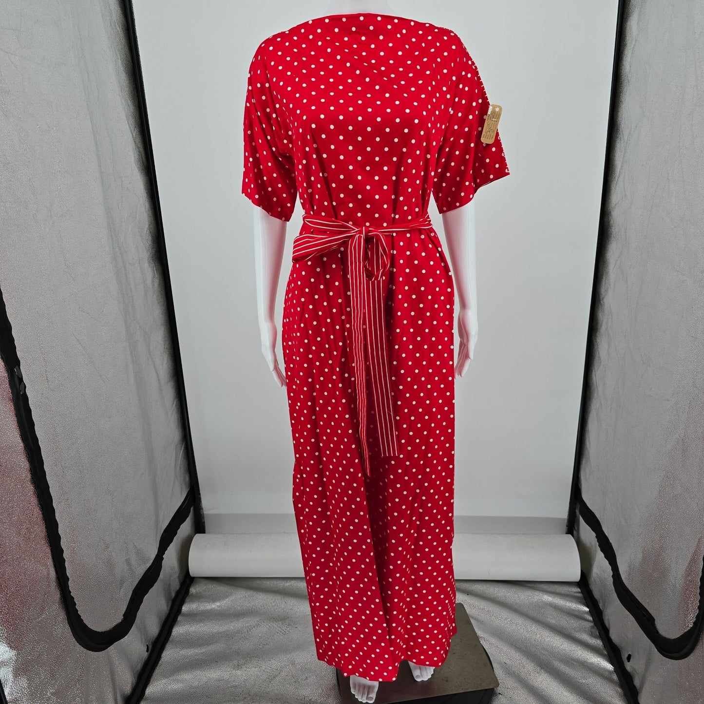 Vintage 1970s Frankie Welch "The Frankie" Red Polka Dot/Candy Stripe Dress (L)