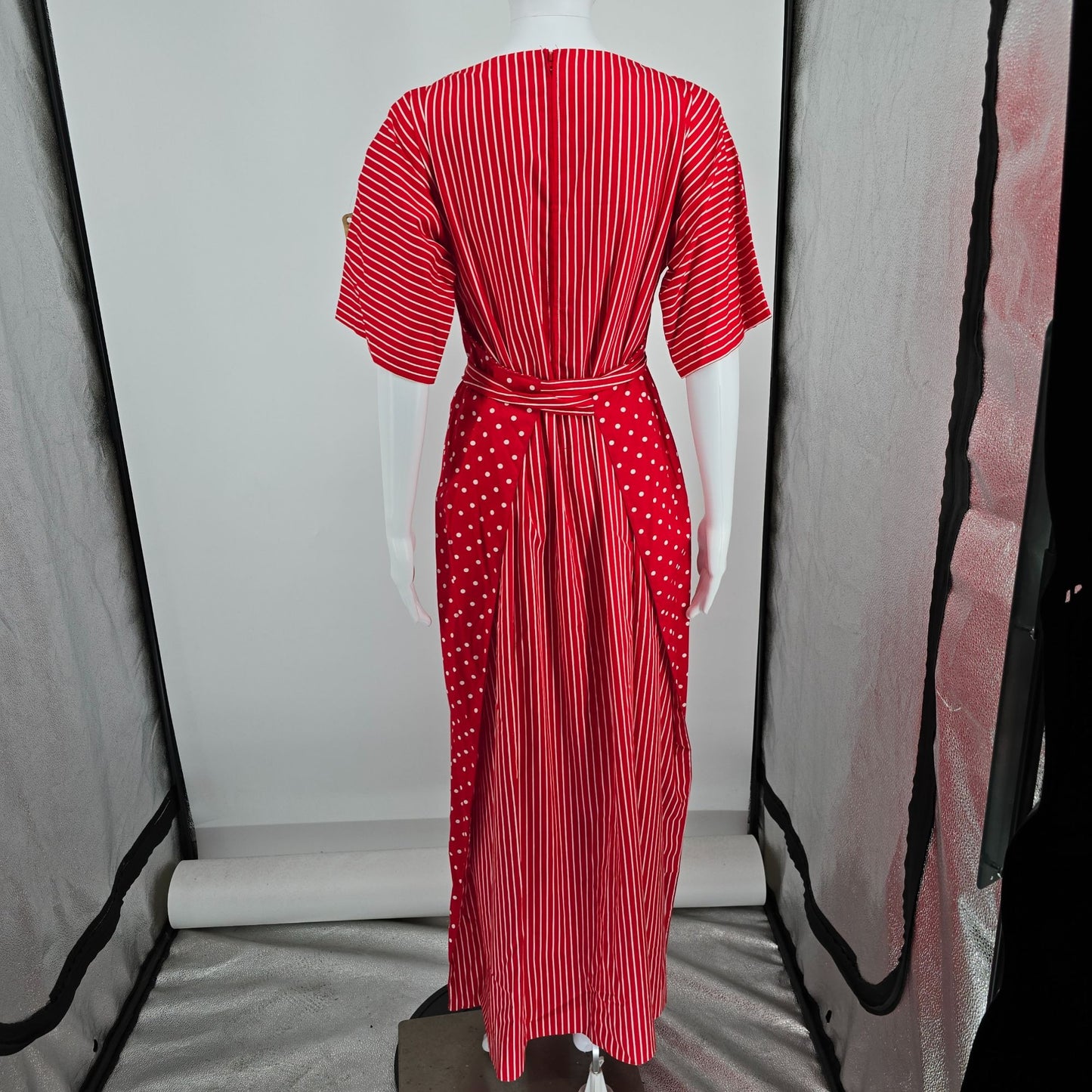 Vintage 1970s Frankie Welch "The Frankie" Red Polka Dot/Candy Stripe Dress (L)