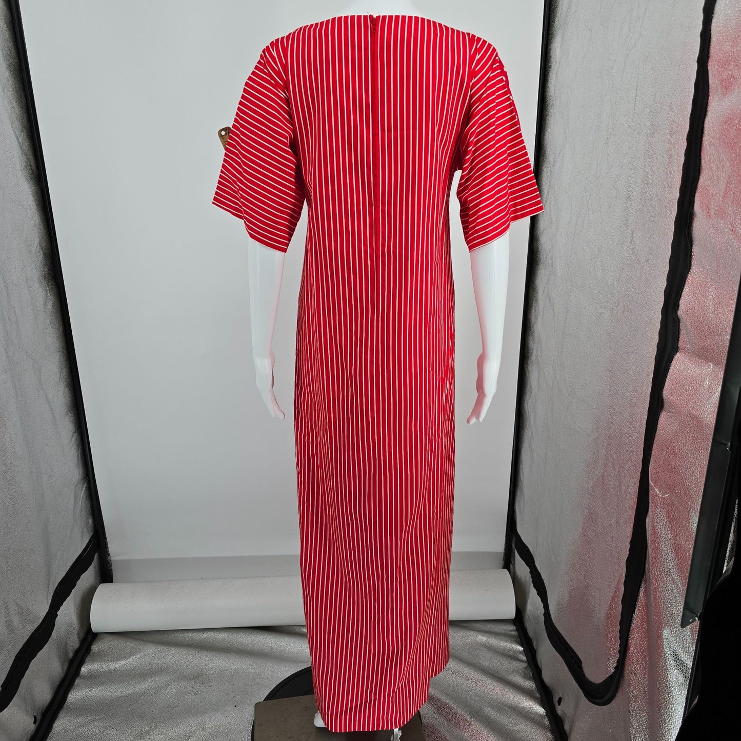 Vintage 1970s Frankie Welch "The Frankie" Red Polka Dot/Candy Stripe Dress (L)