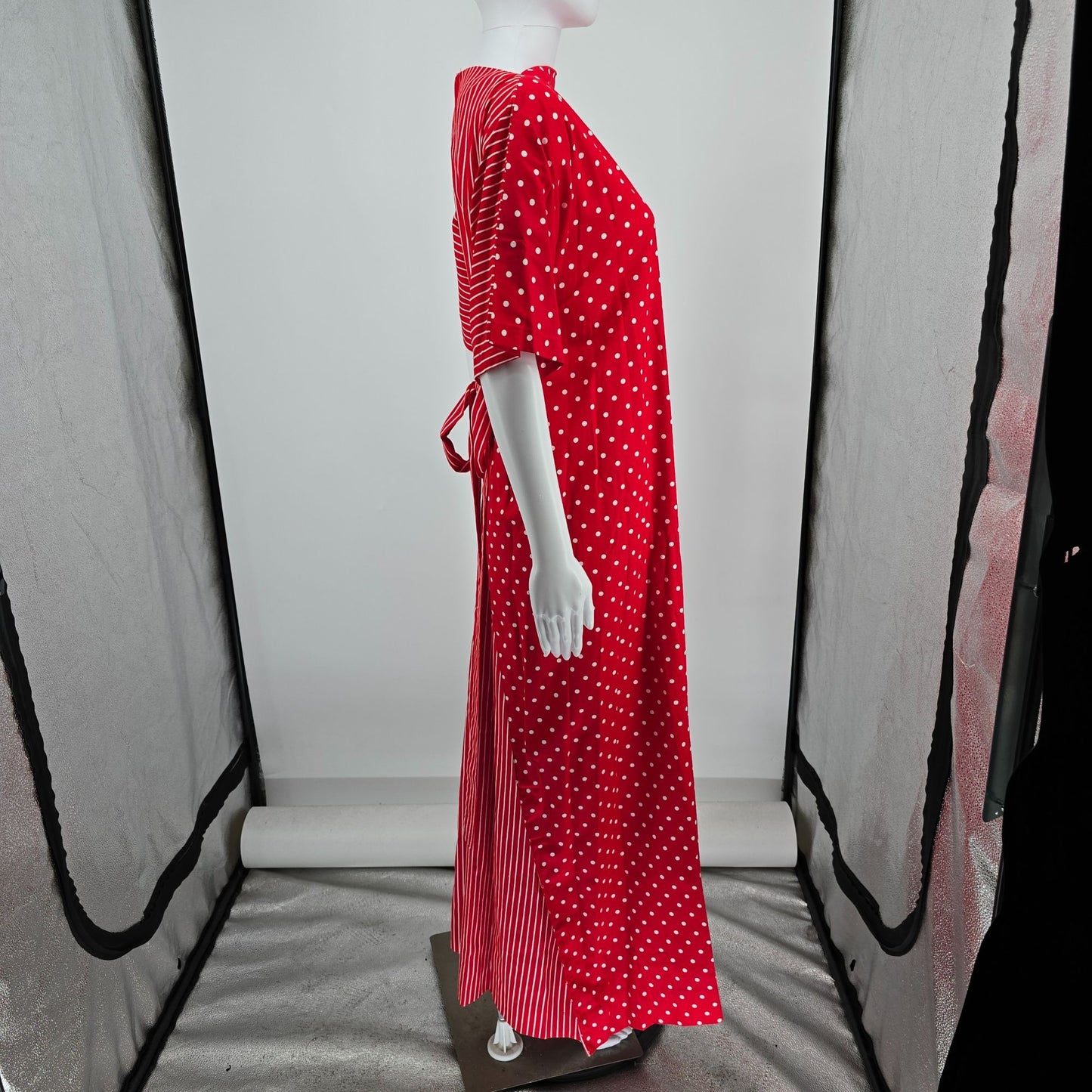 Vintage 1970s Frankie Welch "The Frankie" Red Polka Dot/Candy Stripe Dress (L)