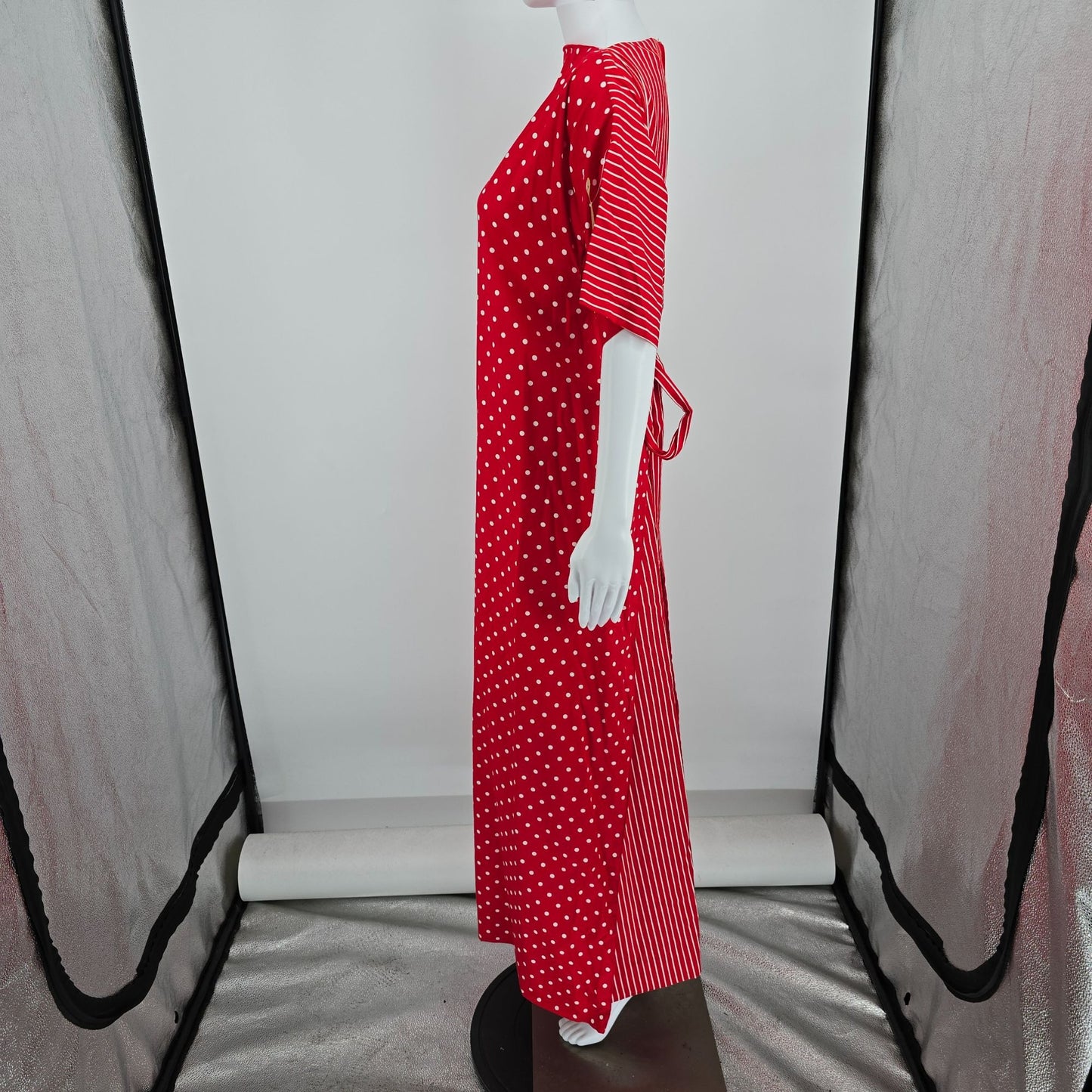 Vintage 1970s Frankie Welch "The Frankie" Red Polka Dot/Candy Stripe Dress (L)