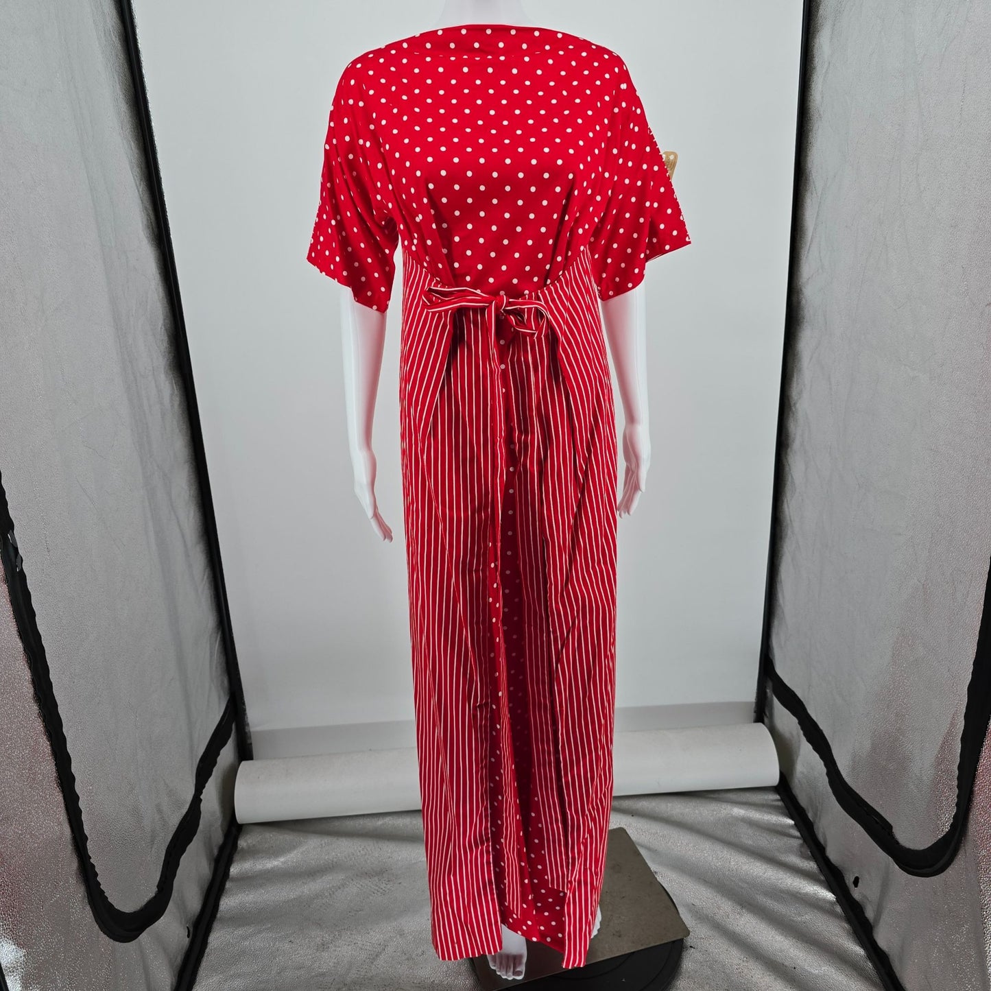 Vintage 1970s Frankie Welch "The Frankie" Red Polka Dot/Candy Stripe Dress (L)