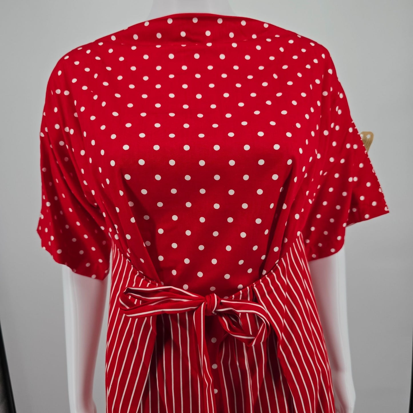 Vintage 1970s Frankie Welch "The Frankie" Red Polka Dot/Candy Stripe Dress (L)