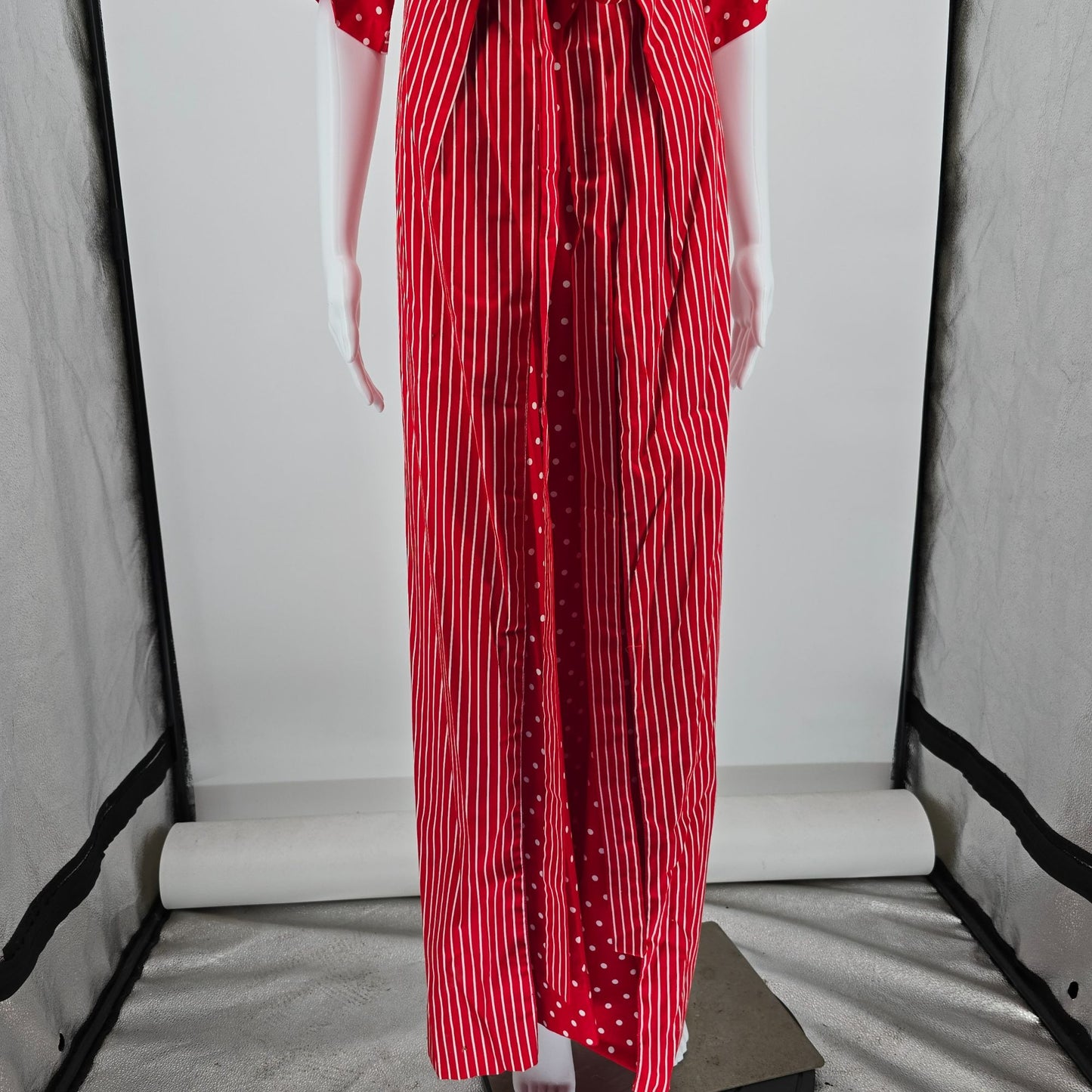 Vintage 1970s Frankie Welch "The Frankie" Red Polka Dot/Candy Stripe Dress (L)