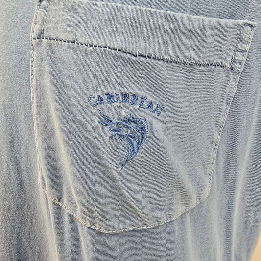 Vintage 2000s Caribbean Faded Blue Single Stitch Marlin Logo Pocket T-Shirt (M)