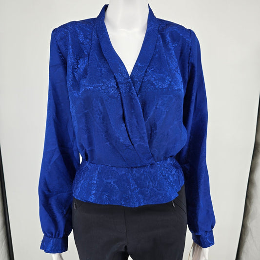 Vintage 1980s Liberated Lady California Royal Blue Jacquard Wrap Blouse (6/S)