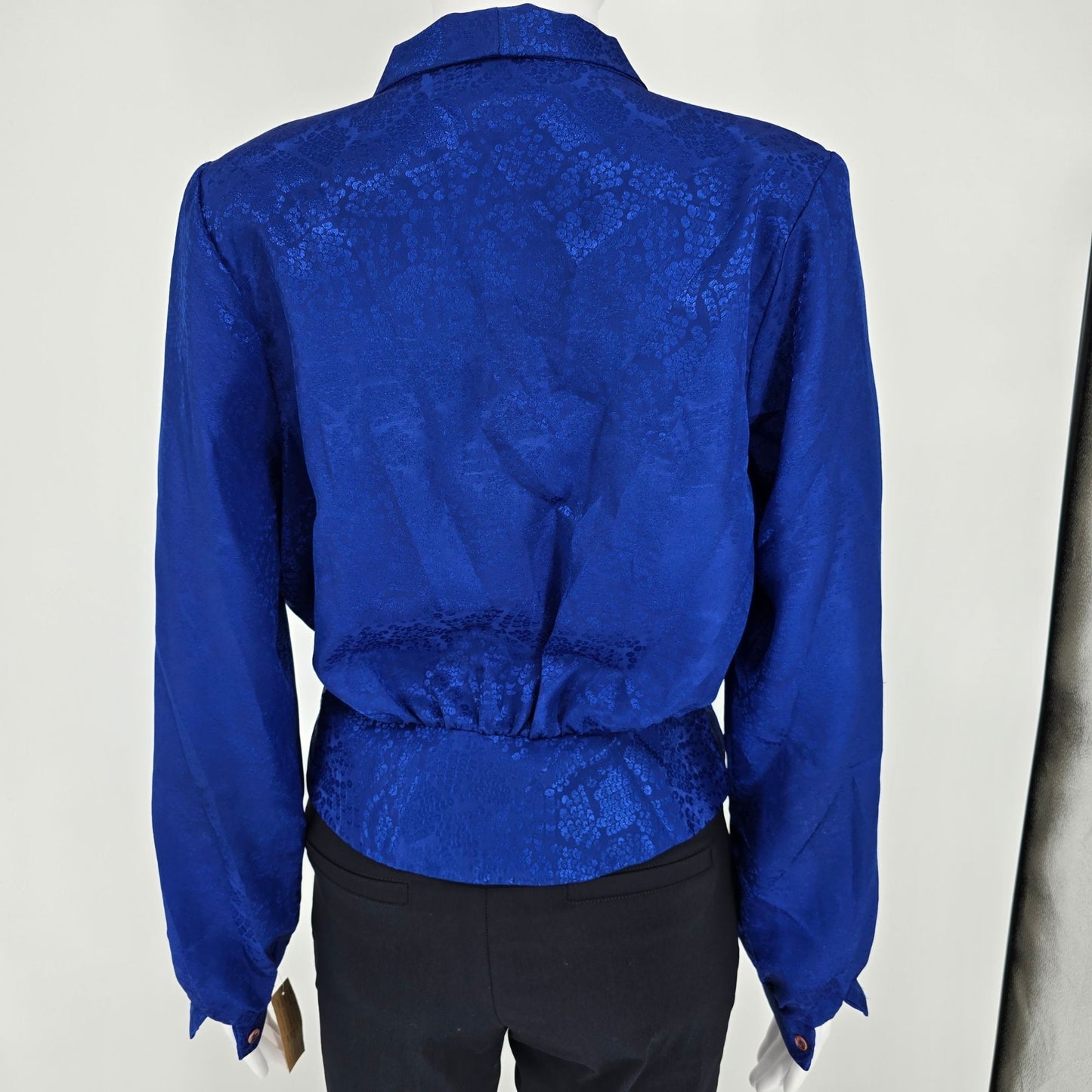 Vintage 1980s Liberated Lady California Royal Blue Jacquard Wrap Blouse (6/S)