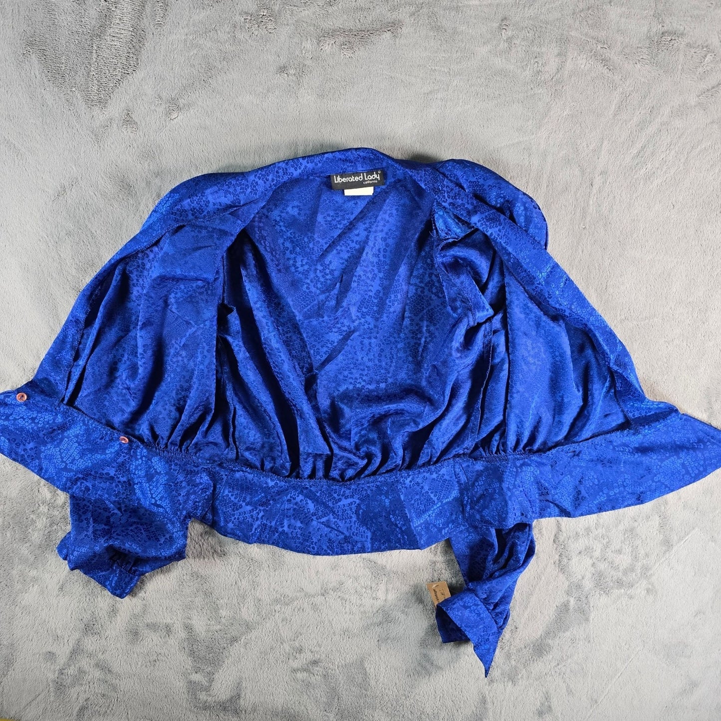 Vintage 1980s Liberated Lady California Royal Blue Jacquard Wrap Blouse (6/S)