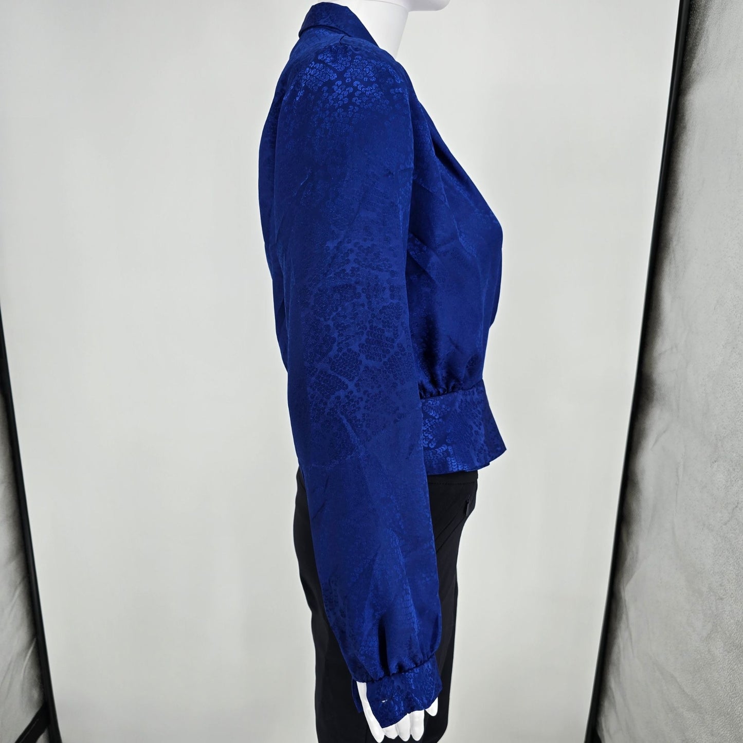 Vintage 1980s Liberated Lady California Royal Blue Jacquard Wrap Blouse (6/S)