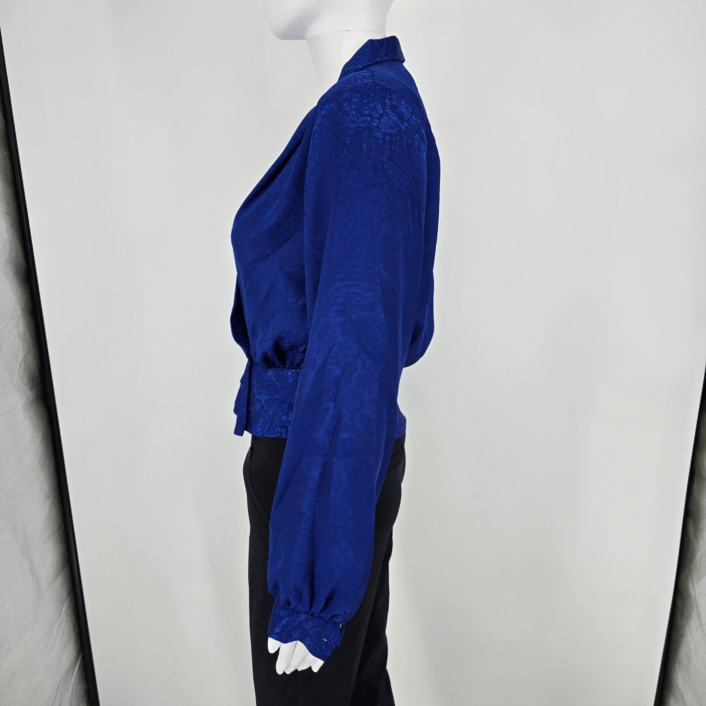 Vintage 1980s Liberated Lady California Royal Blue Jacquard Wrap Blouse (6/S)