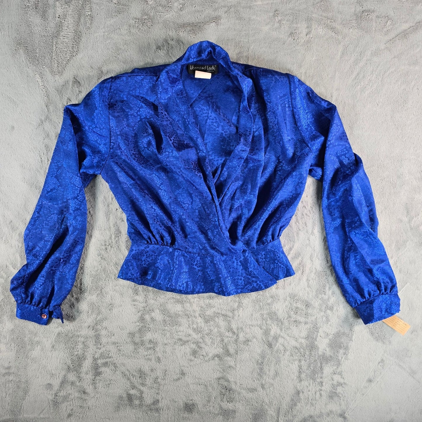 Vintage 1980s Liberated Lady California Royal Blue Jacquard Wrap Blouse (6/S)