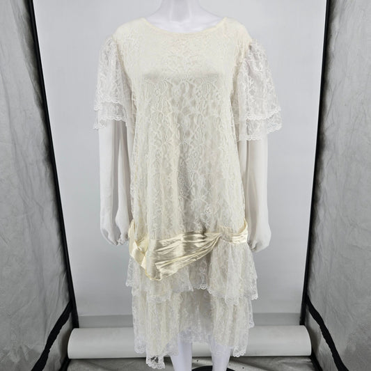 Vintage 1980s Media One Cream/Ivory Drop Waist Plus Size Flapper Dress (XXL)
