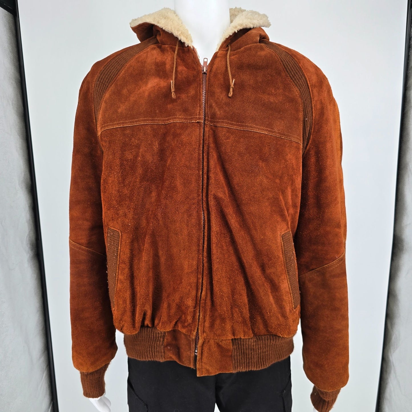 Vintage 1980s JCPenney Rust Split Cowhide Suede Sherpa Hooded Bomber Jacket (L)