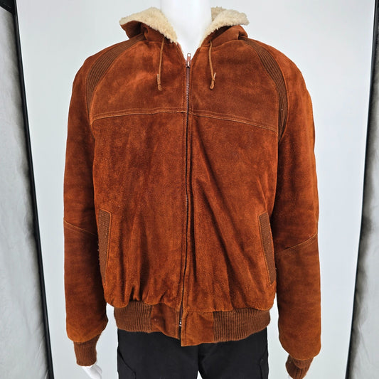 Vintage 1980s JCPenney Rust Split Cowhide Suede Sherpa Hooded Bomber Jacket (L)