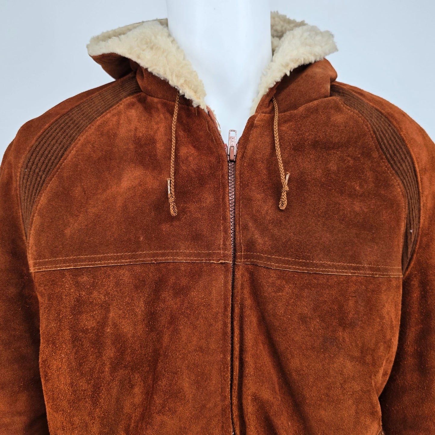 Vintage 1980s JCPenney Rust Split Cowhide Suede Sherpa Hooded Bomber Jacket (L)