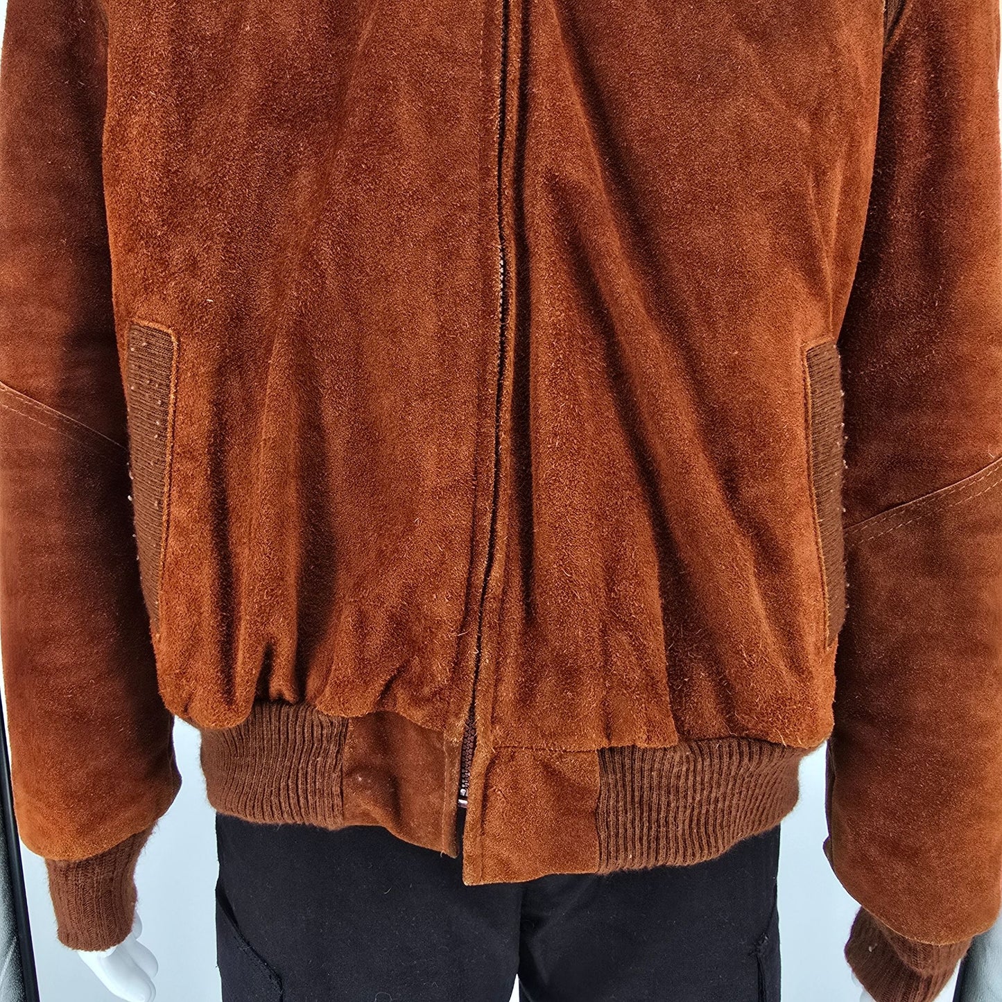 Vintage 1980s JCPenney Rust Split Cowhide Suede Sherpa Hooded Bomber Jacket (L)