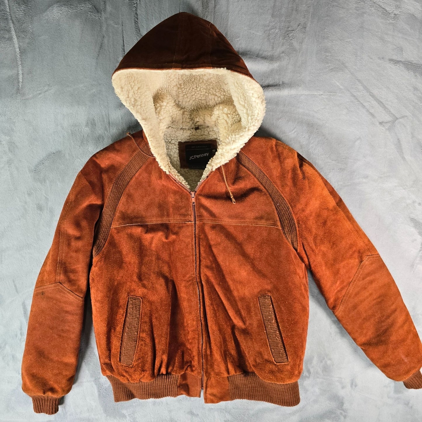 Vintage 1980s JCPenney Rust Split Cowhide Suede Sherpa Hooded Bomber Jacket (L)