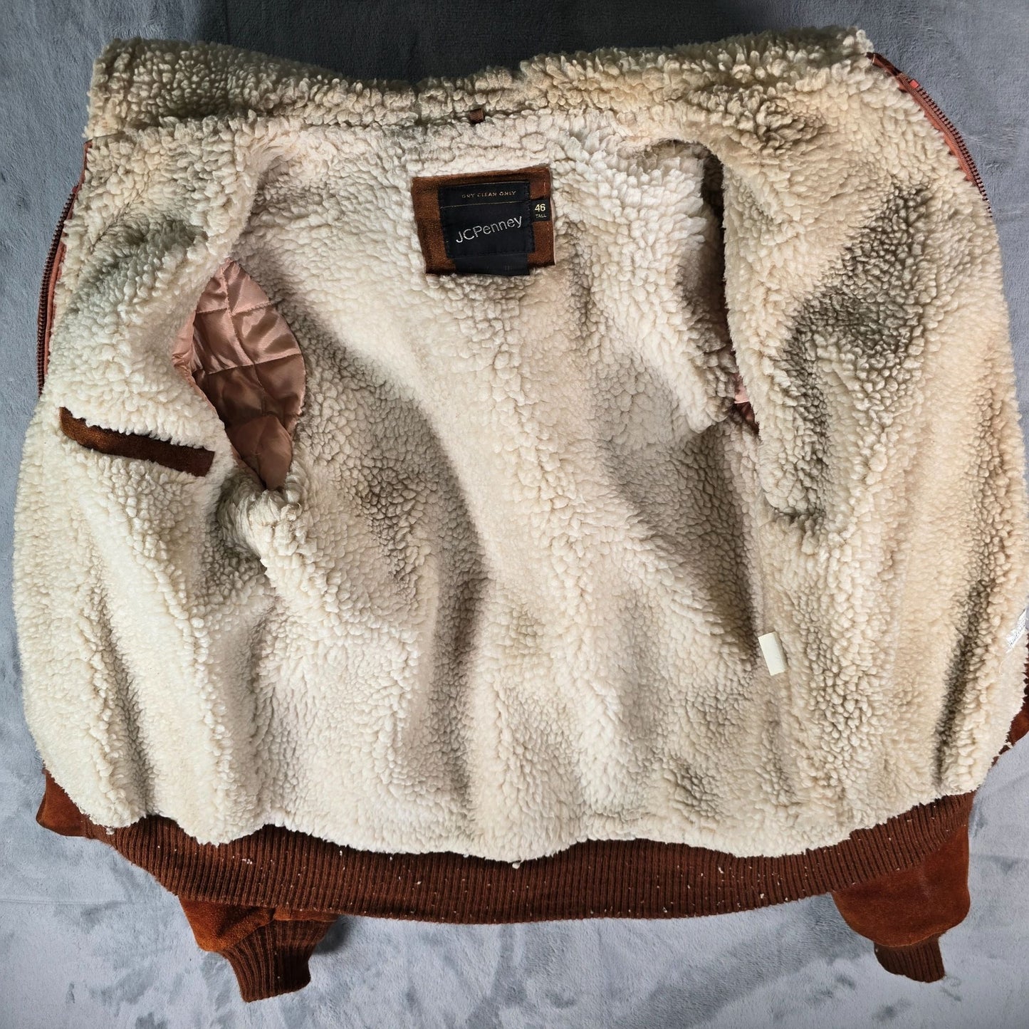 Vintage 1980s JCPenney Rust Split Cowhide Suede Sherpa Hooded Bomber Jacket (L)
