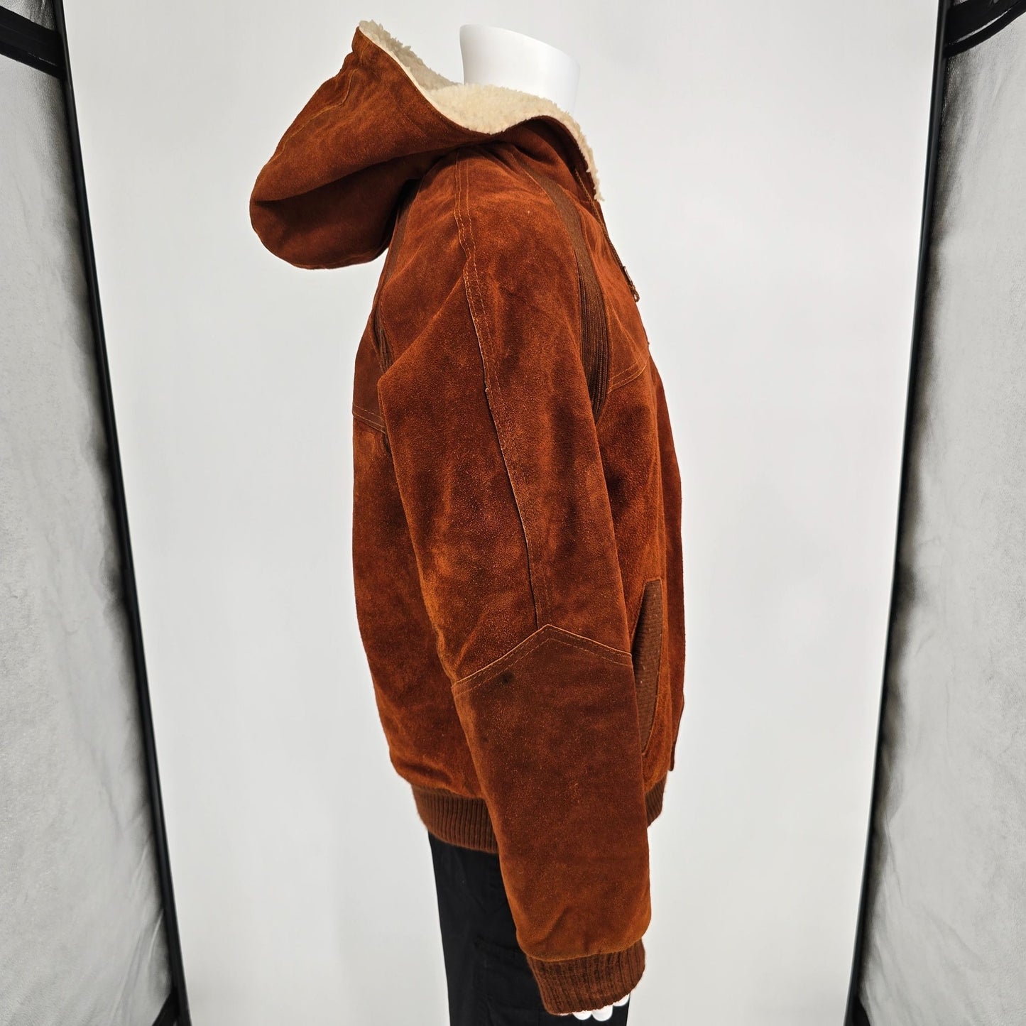 Vintage 1980s JCPenney Rust Split Cowhide Suede Sherpa Hooded Bomber Jacket (L)