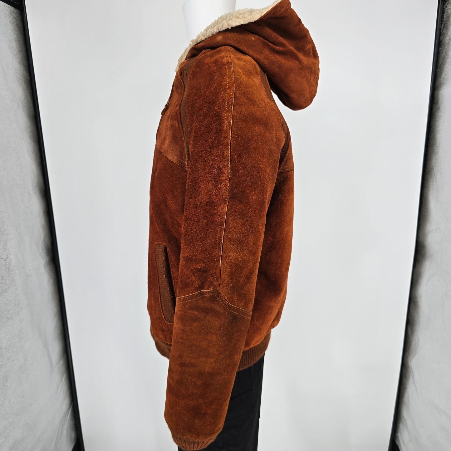 Vintage 1980s JCPenney Rust Split Cowhide Suede Sherpa Hooded Bomber Jacket (L)