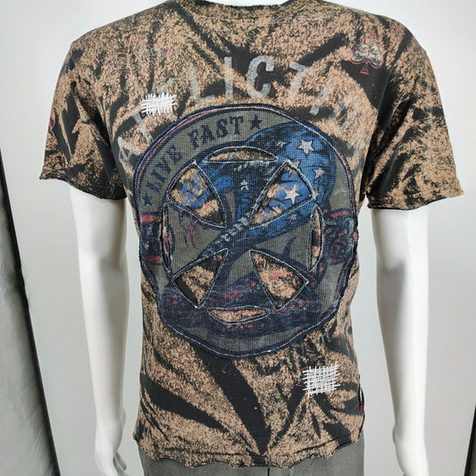 Vintage Y2K Affliction "Live Fast" Logo All Over Print Brown Graphic T-Shirt (L)