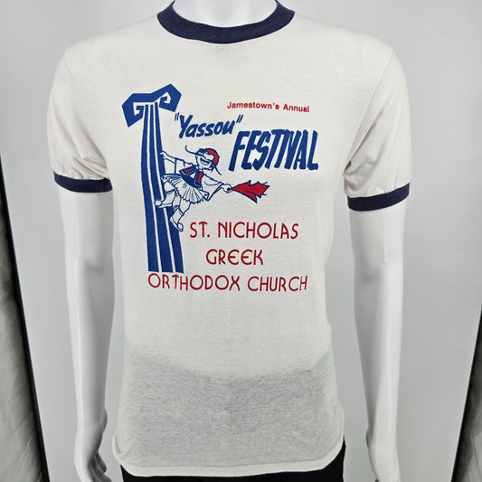 Vintage 1980s Jamestown "Yassou" Festival St. Nicholas Church Ringer Tee (S)