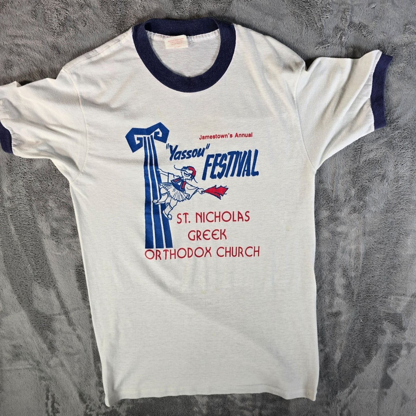Vintage 1980s Jamestown "Yassou" Festival St. Nicholas Church Ringer Tee (S)