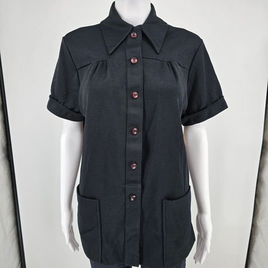 Vintage 1970s Land 'N Sea Pointed Collar Contrast Button Black Tunic Shirt (M)