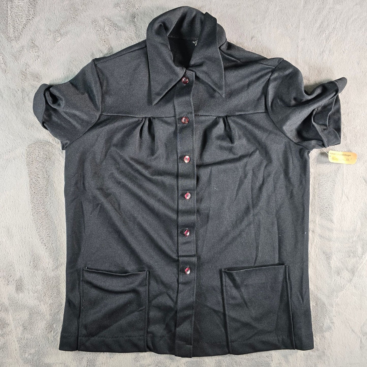 Vintage 1970s Land 'N Sea Pointed Collar Contrast Button Black Tunic Shirt (M)