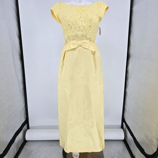 Vintage Early 1960s Yellow Lace Bodice Full-Length Formal Gown (XS/Size 0)
