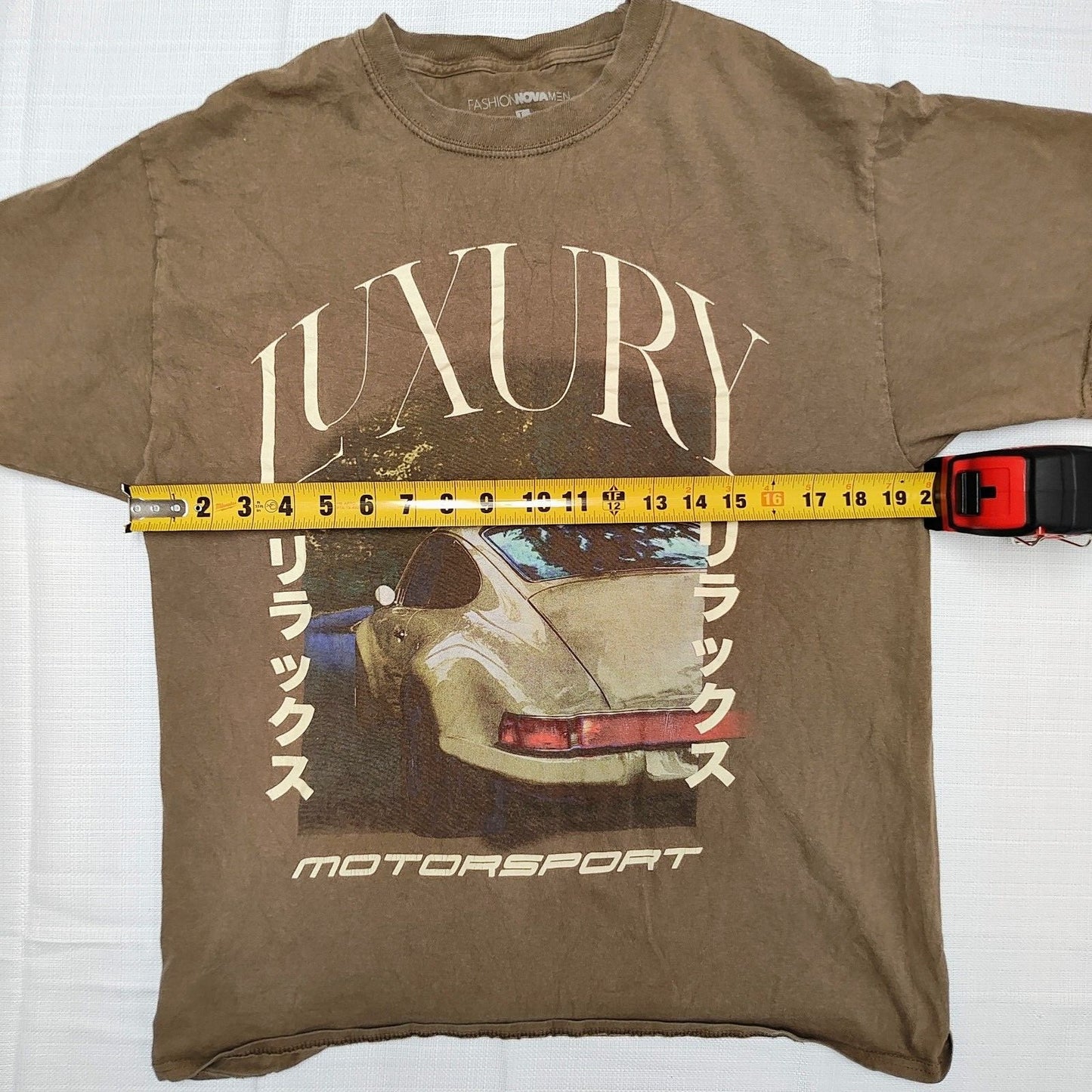 Fashion Nova Luxury Motorsports Japanese Kanji Brown Graphic T-Shirt (Large)