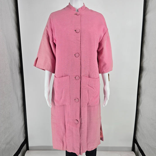 Vintage 1980s Handmade Vintage Pink Mandarin Collar Duster Coat (M)