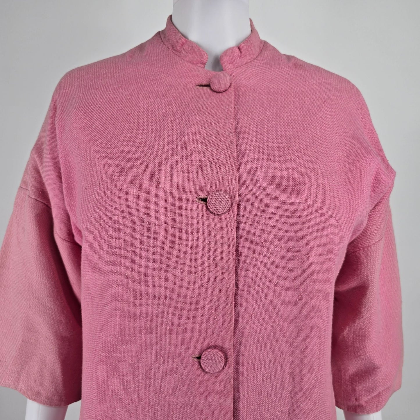 Vintage 1980s Handmade Vintage Pink Mandarin Collar Duster Coat (M)
